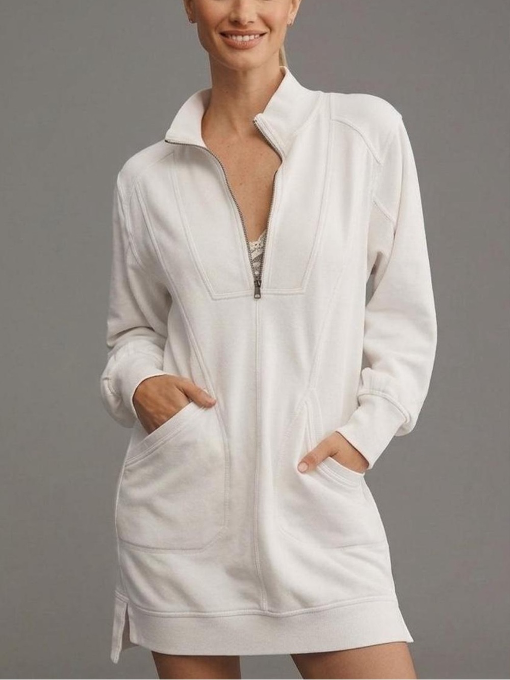 Anthro Daily Practice Cotton Blend Meru Half Zip Front Mini Dress, White – Small